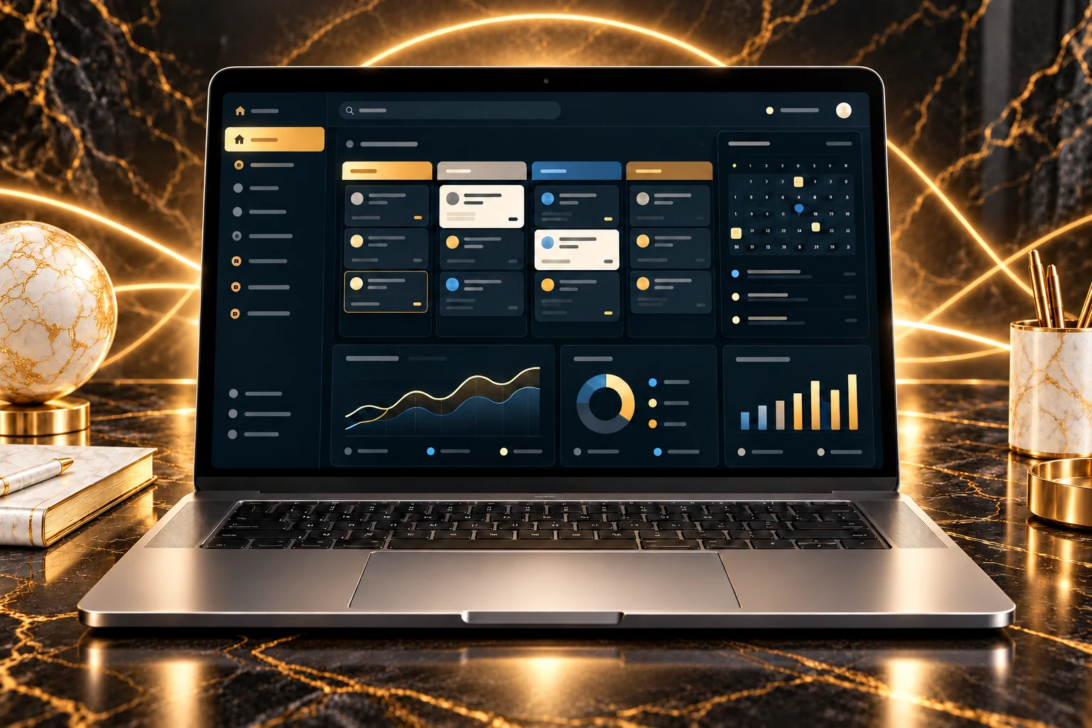 Laptop con una representación ilustrativa de CRM, calendario y seguimiento